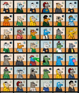 Grid illustration featuring 36 different cartoon character designs of a dog-like figure with various outfits, hairstyles, and expressions in a stylized, colorful art style.