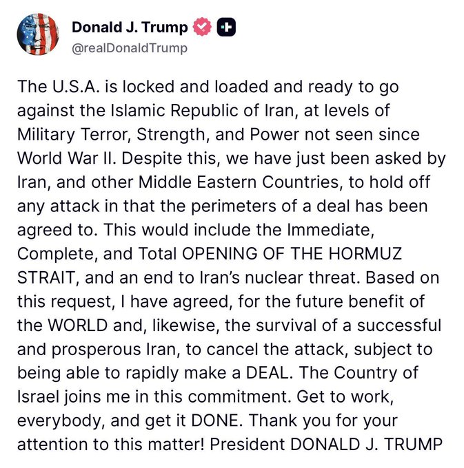 The image shows a tweet from Donald J. Trump (@realDonaldTrump) announcing the U.S. is "locked and loaded" against Iran but agreeing to cancel a planned attack pending a nuclear deal. 

The tweet aligns with the "PUMP POST SOON" framing—it's a high-impact geopolitical announcement designed to generate market volatility, which crypto/asset influencers exploit by encouraging followers to buy before the news hits, then selling ("DUMP") once prices rise.
