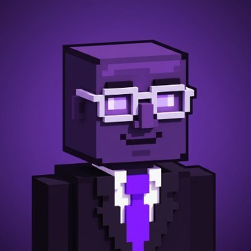 A pixel-art character with a purple head, white-rimmed glasses, and a dark suit with a purple tie is shown against a purple background, appearing to represent the professional "INK BROKERS" NFT figure mentioned in the post about the new Ink NFT ecosystem project.