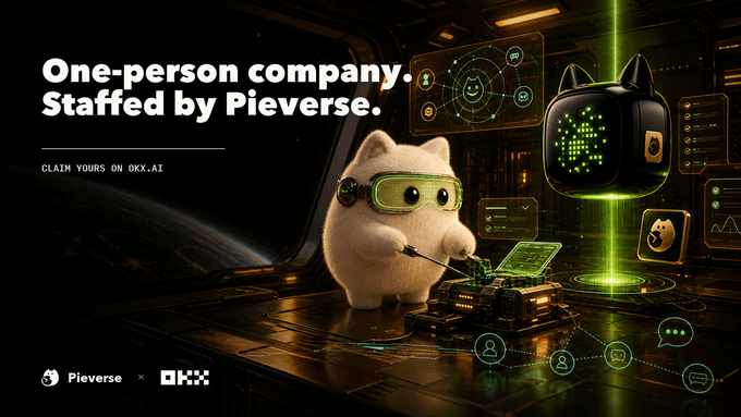A futuristic white cat mascot wearing goggles works alongside a glowing green robotic device on a high-tech console, promoting "One-person company. Staffed by Pieverse" with a call to "CLAIM YOURS ON OKX.AI," visually representing the AI-powered Onchain OS agent that automates tasks through chat as described in the accompanying post.