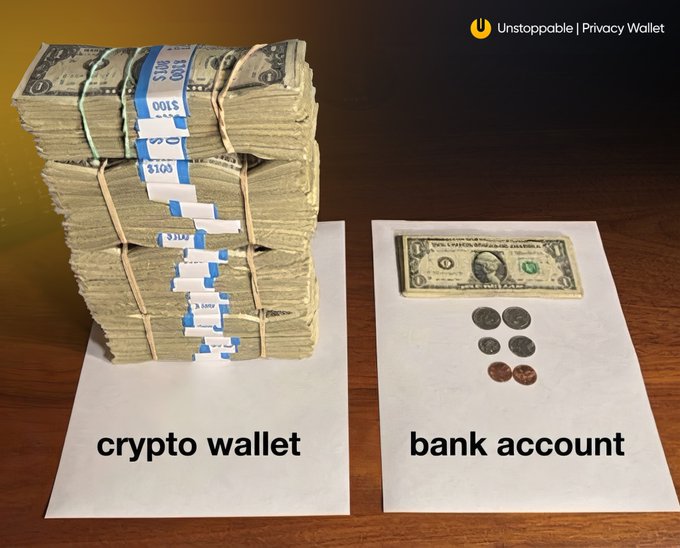An advertisement from Unstoppable | Privacy Wallet contrasting a large stack of $100 bills labeled 'crypto wallet' against a single $1 bill and a few coins labeled 'bank account.'
