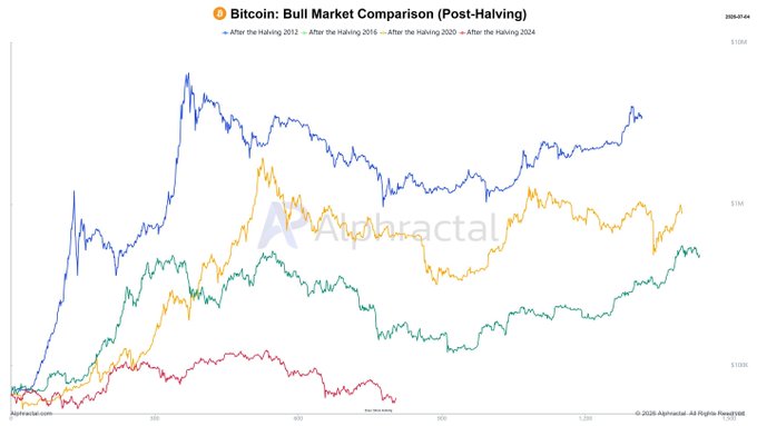 A line chart from Alphractal comparing Bitcoin's price action in the months following four halving events (2012, 2016, 2020, and 2024), with the post-2024 halving line (red) showing the weakest performance—staying near the $60K–$70K range—supporting the post's speculation that a market bottom may be near relative to prior bull cycles.