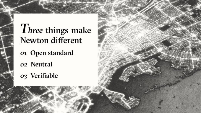 A presentation slide with a black and white aerial city map background titled 'Three things make Newton different' listing: 01 Open standard, 02 Neutral, 03 Verifiable.