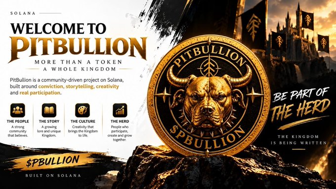 A promotional banner for the Solana-based project "PitBullion" ($PBULLION) featuring a gold bull coin emblem and the tagline "Welcome to PitBullion – More Than a Token, A Whole Kingdom," highlighting its four pillars: "The People," "The Story," "The Culture," and "The Herd." The image visually reinforces the post's message that the project's real value lies in its community and narrative, branding itself as a kingdom built on storytelling, participation, and culture.