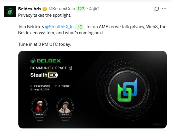 A pinned post from 'Beldex.bdx' (@BeldexCoin) announcing a 'COMMUNITY SPACE StealthEX' AMA scheduled for 03:00 PM UTC on Aug 26, 2026, featuring Ambassadors Andrew and Vadsim.