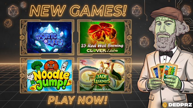 A retro-styled promotional banner for "DEDPRZ" casino showcases "NEW GAMES!" featuring four slot titles—Mystic Reels, 25 Red Hot Burning Clover Link, Noodle Jump, and Jade Legends—with an illustrated green-skinned gentleman in a flat cap holding playing cards beside them, and a "PLAY NOW!" call-to-action below.