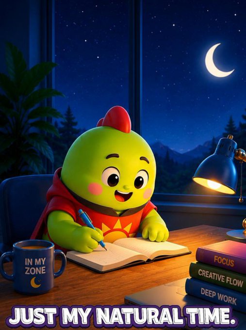 A cute green dinosaur character wearing a red hoodie writes in a notebook by lamp light at night, with a moonlit sky visible through the window. The mug reads "IN MY ZONE," nearby books are labeled "FOCUS," "CREATIVE FLOW," and "DEEP WORK," and the caption "JUST MY NATURAL TIME" appears at the bottom—reflecting the post's message about how sleep quality depends on consistent habits and natural rhythms rather than just hours of rest.