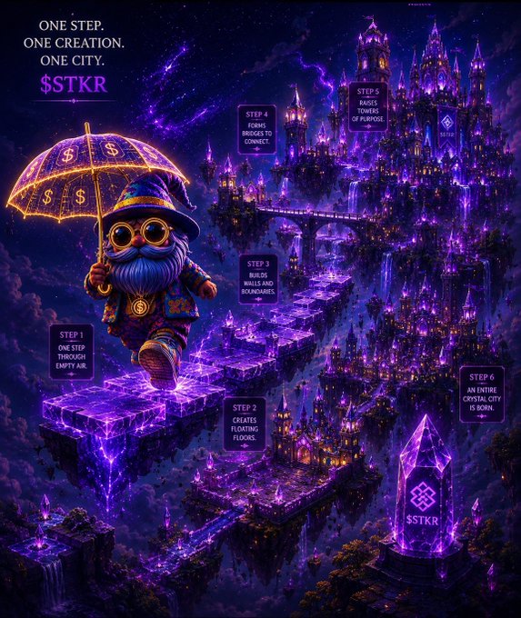 A vibrant purple fantasy cityscape featuring a gnome with a glowing dollar-sign umbrella, with text including 'ONE STEP. ONE CREATION. ONE CITY. $STKR' and steps like 'STEP 1 ONE STEP THROUGH EMPTY AIR.' and 'STEP 6 AN ENTIRE CRYSTAL CITY IS BORN.'