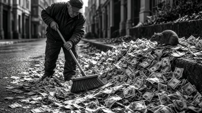 A black-and-white image showing a man in worn clothing and a cap sweeping a massive pile of discarded banknotes from a cobblestone street with a broom, while a rat perches atop the cash pile, visually echoing the Weimar hyperinflation anecdote where currency became so worthless that thieves stole the wheelbarrow and abandoned the money.