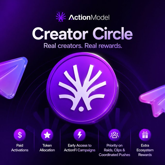 The image features a purple circle with an "A" logo, surrounded by various icons representing different aspects of creator circles. The text above the circle reads "Creator Circle", while below it there are descriptions of the benefits of joining a creator circle. The background is dark and purple, providing a contrast to the white elements on the image.