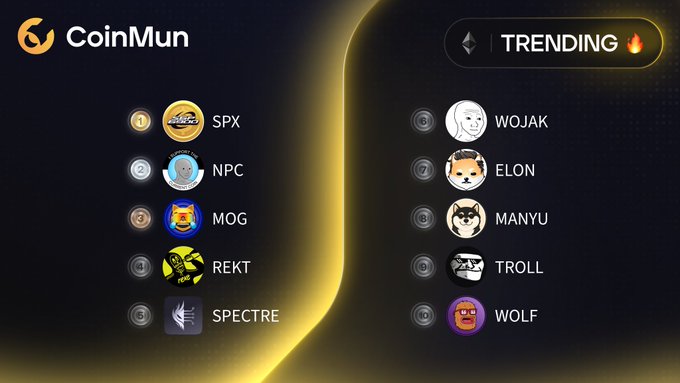 A CoinMun 'TRENDING' graphic lists SPX, NPC, MOG, REKT, SPECTRE, WOJAK, ELON, MANYU, TROLL, and WOLF with corresponding coin icons.