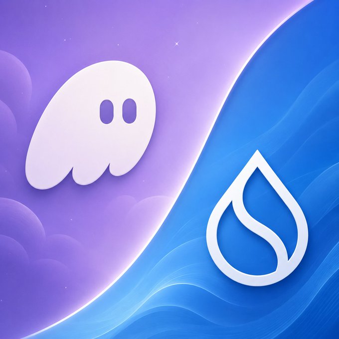 A purple and blue split background featuring a white ghost icon on the left (Phantom's logo) and a white water droplet icon on the right (Sui's logo), illustrating Phantom's announcement ending its support for the Sui blockchain.