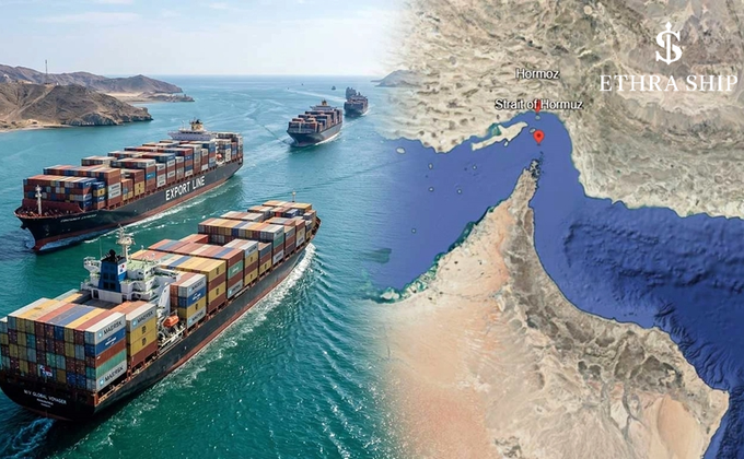 A split image shows cargo ships sailing through a strait on the left, and a map highlighting the Strait of Hormuz with an 'ETHRA SHIP' marker on the right.