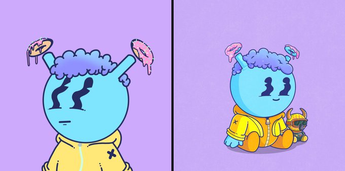 Two cartoon characters with blue skin and purple fuzzy hair with donuts on their antennae; the left character wears a yellow hoodie with an 'X' and has a sad expression, while the right character wears a yellow spacesuit and sits next to a small robot.