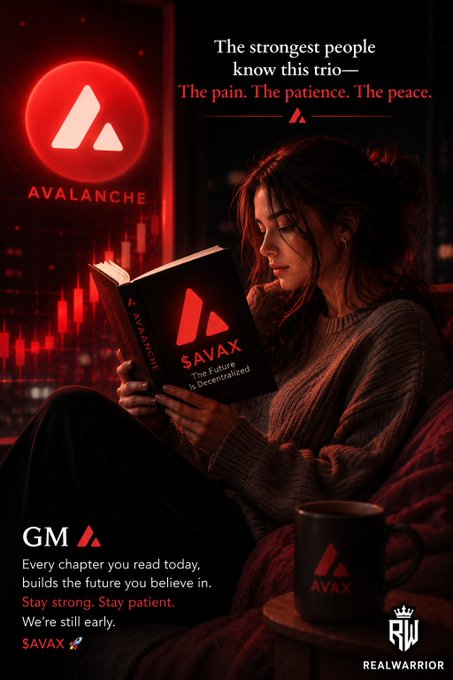 A promotional poster for Avalanche (AVAX) featuring a woman reading a book titled 'SAVAX' with the tagline 'The strongest people know this trio— The pain. The patience. The peace.' branded by RealWarrior.
