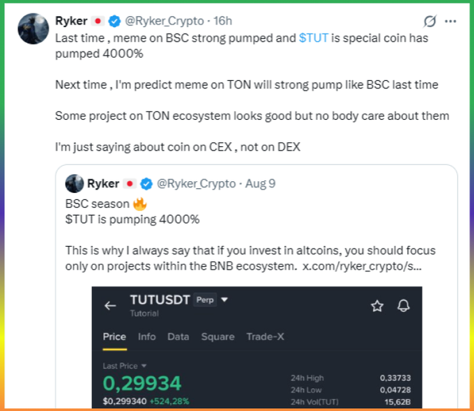 The image shows a tweet from @Ryker_Crypto claiming $STUT pumped 4000% during "BSC season," with a screenshot showing TUTUSDT at $0.29934 (+524.28%), as the post predicts a similar memecoin surge will hit the TON ecosystem next.