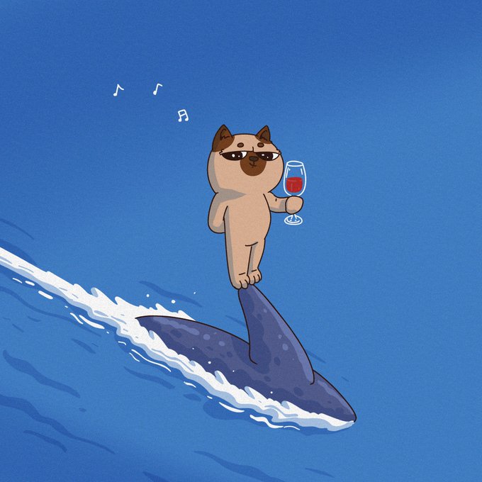 A Siamese cat holding a glass of red wine surfs on the dorsal fin of a dolphin across blue waters, with musical notes floating above its head—whimsical hand-drawn art supporting the post's claim of unique artwork for the $HOPE token on Solana.