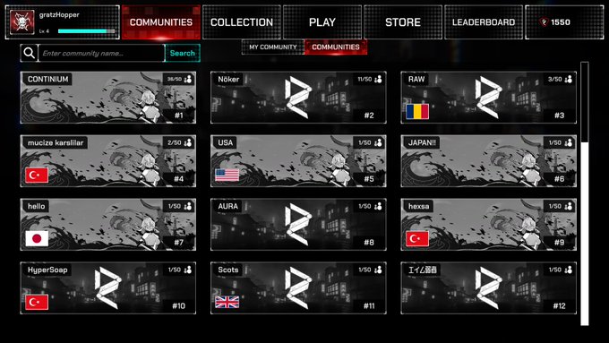 The image shows a video game "COMMUNITIES" tab with a user named "gratsitopper" (level 4, 1550 coins), displaying 12 ranked communities including "CONTINIUM" (#1, 36/50), "Nöker" (#2, 11/50), and "RAW" (#3, 3/50), illustrating the community creation feature referenced in the post about the 1000 dot coins price to claim a spot.