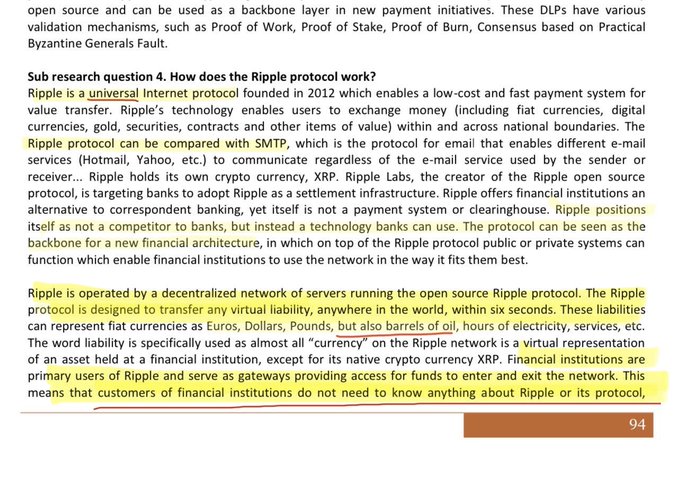 A page from an academic paper (page 94) discussing Sub research question 4 'How does the Ripple protocol work?', explaining Ripple as a universal Internet protocol founded in 2012 with highlighted text about XRP and financial institution gateways.