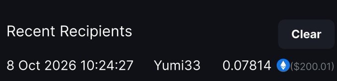 The image shows a "Recent Recipients" list displaying a transaction where 0.07814 ETH ($200.01) was sent to "Yumi33" on 8 Oct 2026 at 10:24:27, with a "Clear" button visible. This appears to be evidence confirming the $200 prize was awarded to the giveaway winner mentioned in the post.