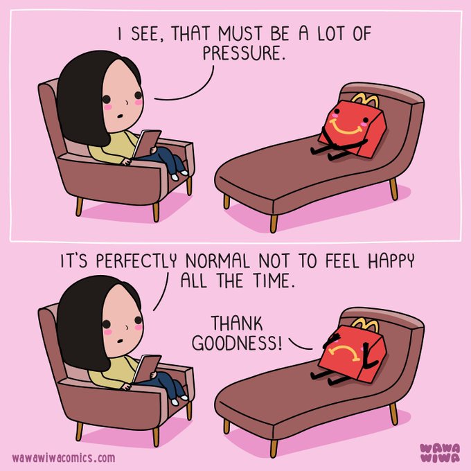 A two-panel comic from wawwiwacomics.com titled 'I see, that must be a lot of pressure' shows a girl counseling a happy McDonald's happy meal box on a therapist's couch.