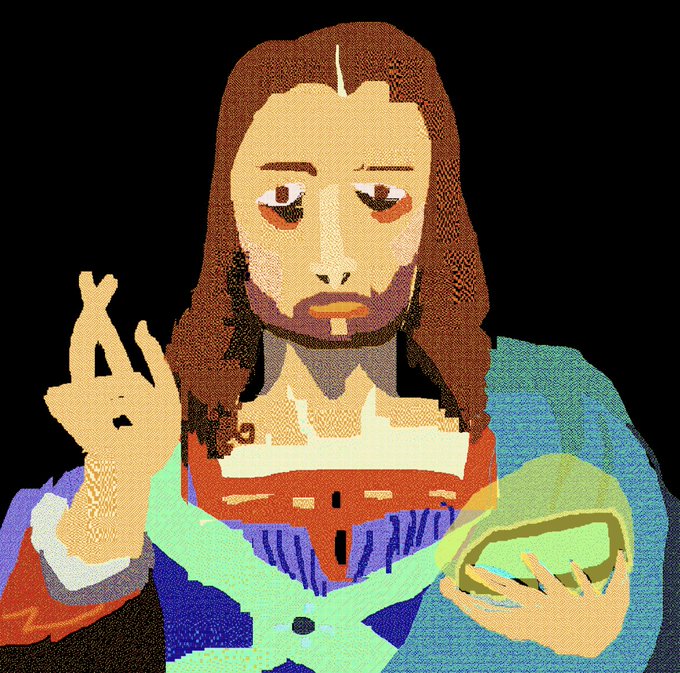 A pixelated digital artwork depicts a melancholic Christ-like figure with long brown hair and a beard, holding up a hand in a gesture while cradling a glowing green orb. The image illustrates the post's announcement of collecting "The Orb" NFT on objkt.com, with the orb in the figure's hand serving as the central visual reference to the artwork's title.