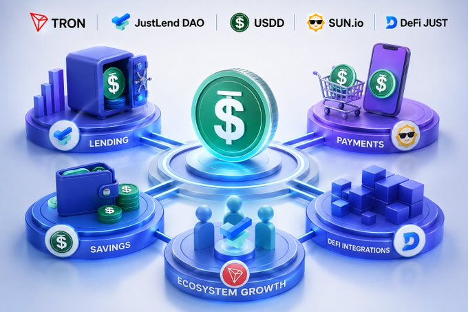 TRON ecosystem infographic showing interconnected services including JustLend DAO (Lending), USDD (Savings), SUN.io (Payments), and DeFi JUST, focused on 'Ecosystem Growth'.