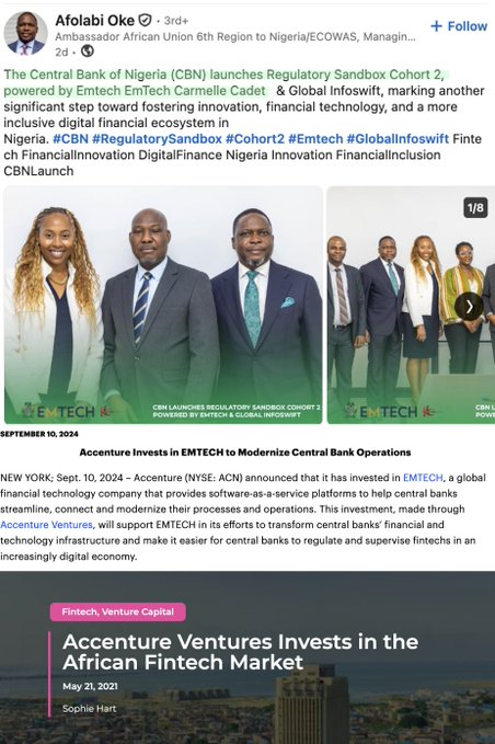 A LinkedIn post by Afolabi Oke announces the Central Bank of Nigeria's launch of Regulatory Sandbox Cohort 2, powered by EMTECH, alongside news of Accenture's $NYSE:ACN investment in EMTECH to modernize central bank operations, tying together the narrative of growing global adoption of the fintech platform underpinning Nigeria's digital finance initiatives.