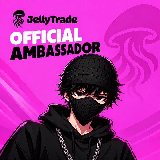 An illustration of an anime-style character with black hair wearing a beanie, face covering, and hoodie, promoting as the 'JellyTrade OFFICIAL AMBASSADOR' on a pink background.
