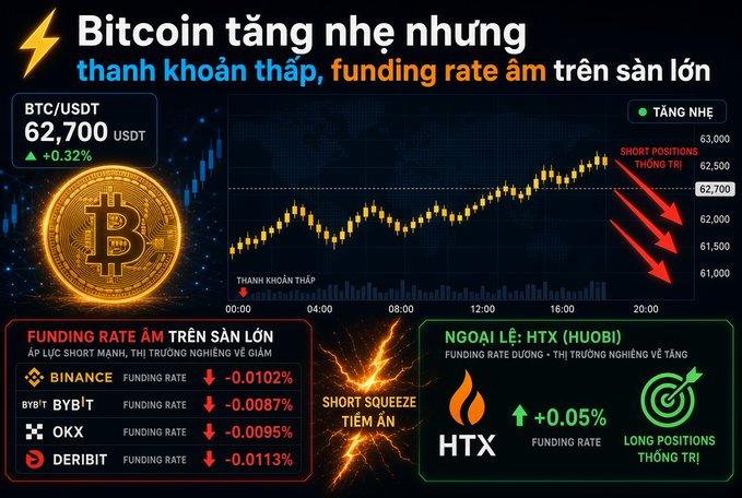 Infographic titled 'Bitcoin tăng nhẹ nhưng thanh khoản thấp, funding rate âm trên sàn lớn' showing BTC/USDT at 62,700 USDT (+0.32%), short positions dominating, and negative funding rates on Binance, Bybit, OKX, and Deribit, with HTX (Huobi) as a positive exception with long positions dominating.