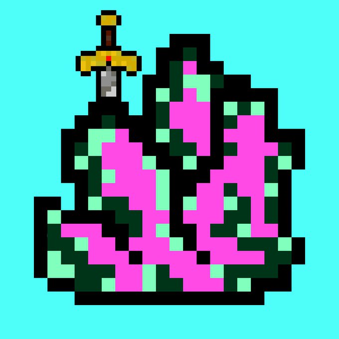 urn of pink and green flowers, with a sword on top, against a blue background.