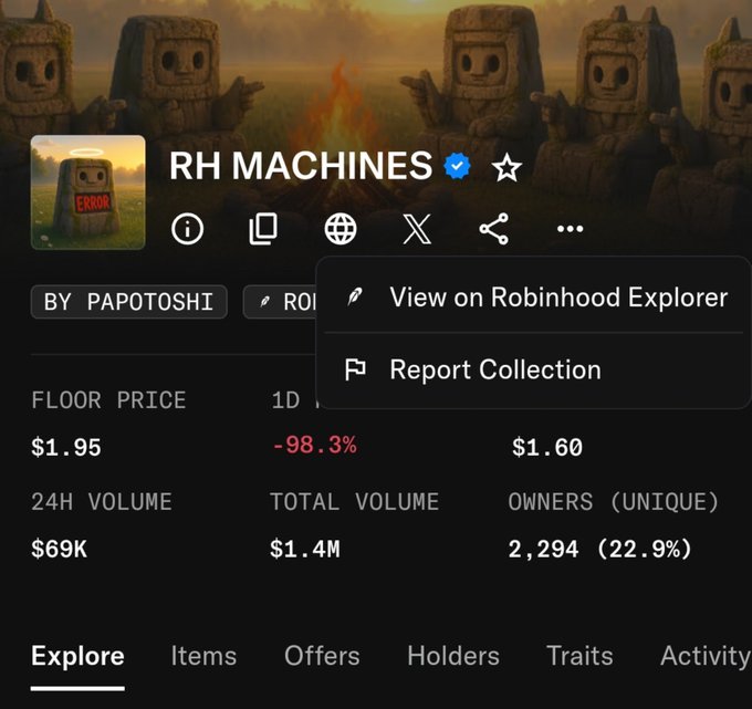 A screenshot of the RH MACHINES NFT collection on Robinhood Explorer shows a dramatic -98.3% drop in floor price to $1.60 from a previous level, illustrating the "Error" state of the Bitcoin-based NFT project. The image visually captures the shocking collapse the post is reacting to, with the stone figure NFT mascot literally displaying "ERROR" in its artwork amid a backdrop of burning fields.