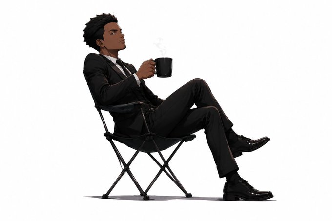 A 3D-rendered illustration of a man in a black suit sitting in a folding camping chair, drinking from a black mug with steam rising from it.