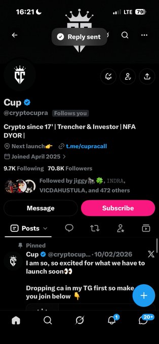 A screenshot of an X (Twitter) profile for 'Cup' (@cryptocupra), a verified account followed by 'jiggy', 'INDRA', 'VICDAHUSTULA', and 472 others, with a pinned post mentioning a launch on '10/02/2026'.