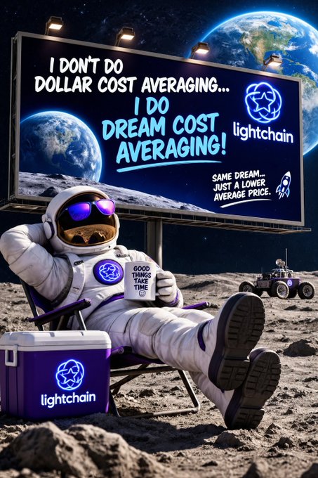 A promotional ad for 'lightchain' features a dog-faced astronaut lounging on the moon next to a billboard declaring 'I DON'T DO DOLLAR COST AVERAGING... I DO DREAM COST AVERAGING! SAME DREAM... JUST A LOWER AVERAGE PRICE.'