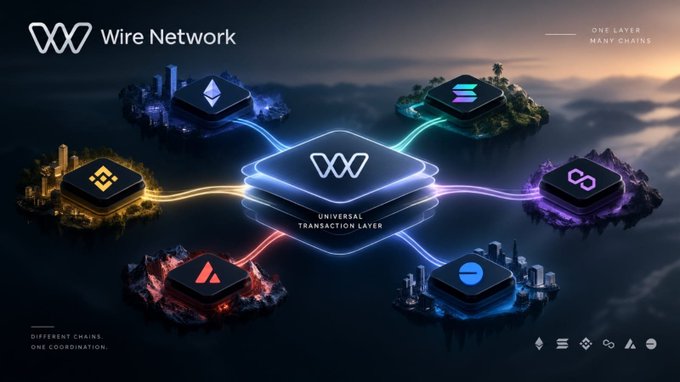 A digital graphic for 'Wire Network' showing a Universal Transaction Layer connecting different chains including Ethereum, Solana, and Avalanche, with the tagline 'ONE LAYER MANY CHAINS' and 'DIFFERENT CHAINS ONE COORDINATION'.