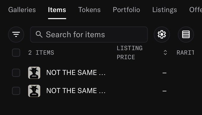 A dark-themed dashboard interface shows an 'Items' tab with two NFT listings titled 'NOT THE SAME ...' and columns for Listing Price and Rarity.