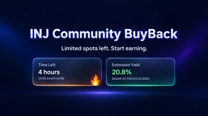 A dark blue promotional banner for 'INJ Community BuyBack' displaying 'Time Left: 4 hours Until event ends' and 'Estimated Yield: 20.8% based on historical data.'