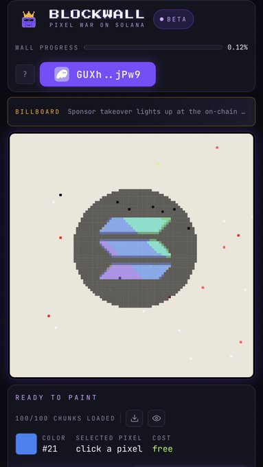 In the image, there is a post titled "r/place but make it #solana one canvas. thousands of pixels. claim your turf before someone paints over it. free to paint rn (beta) onchain soon template's ready. hop in and leave your mark blockwall.fun/?t=imxRtn8awn". The image is about creating a digital painting or artwork, possibly related to the post topic. It features a logo of blue circles and triangles along with the name "blockwall" at the top. A button labeled "ready to paint" is visible in the bottom left corner.