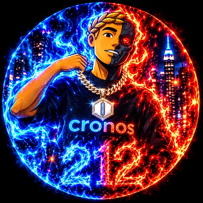 A vivid circular avatar shows a half-human, half-cybernetic character surrounded by blue and red cosmic energy and city lights, with a pendant and the text “cronos” and “212.” It appears to be a proposed profile-picture upgrade for @KaanCronos, prompted for feedback from @Blockchainwork5 and @ULTIMATEDEGREE.