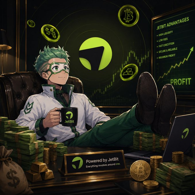 A relaxed figure sits amidst stacks of money and gold, with the JetBit logo prominently displayed on their mug, a laptop, and a sign, surrounded by various cryptocurrency symbols and a profit graph. This image visually conveys the idea of financial success through JetBit, aligning with the post's invitation to become a market maker and earn profits.