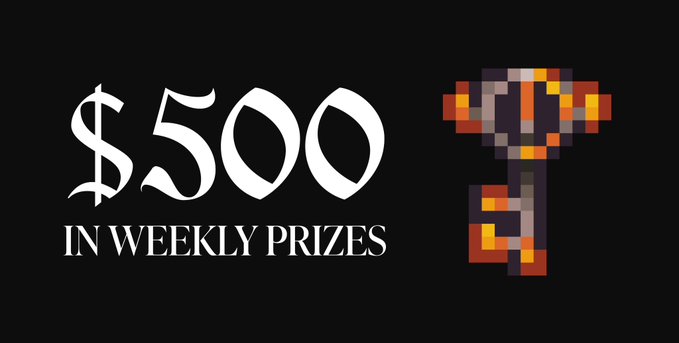 A black promotional banner displays the text '$500 IN WEEKLY PRIZES' in white gothic-style font alongside a pixelated orange and purple prize icon.