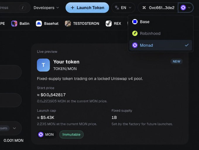 A screenshot of the o1.exchange platform showing the "Launch Token" interface with a chain selector dropdown open to Monad, displaying a live preview of a TOKEN/MON fixed-supply token with a 1B supply, a launch cap of ~$5.43K, and 2,235 MON, while a banner above advertises $TESTOSTERON on Base. The image illustrates the o1 launchpad previewing its upcoming Monad integration with identical fee structures and tokenomics as its Base deployment.