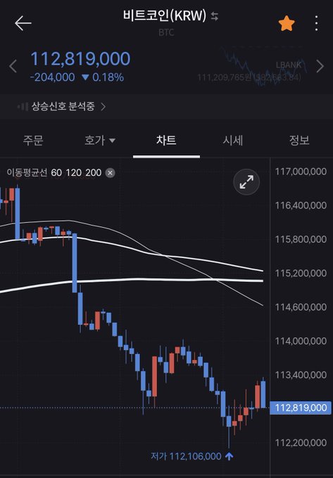 A cryptocurrency trading app screenshot displays Bitcoin (비트코인/KRW) trading at 112,819,000 KRW, down 204,000 (0.18%) on a candlestick chart, contextualizing the accompanying post about large whale sell-offs and long position liquidations totaling 400 billion KRW as Bitcoin's price plunged toward the 82.5k level.