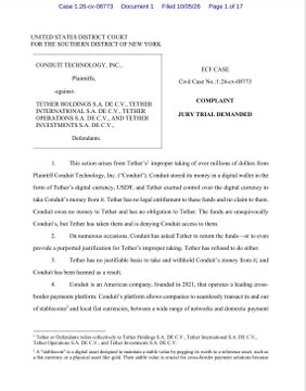 A page from a U.S. District Court legal document, Case 1:23-cv-00773, where a jury trial was demanded regarding Conduent's improper use of Tether's digital currency.