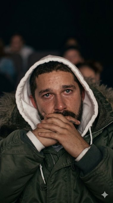 A close-up portrait of a young man with a beard wearing a white hoodie under a dark jacket, with his hands clasped near his mouth, set against a dark, out-of-focus background.