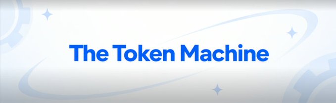 A graphic displays 'The Token Machine' in blue text against a light background with decorative swooshes and star elements.