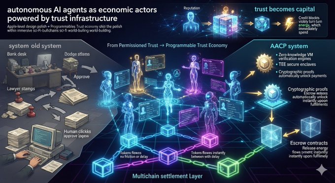 An infographic comparing an 'old system' with the 'AACP system,' showing autonomous AI agents, programmable trust economy, cryptographic proofs, and a multichain settlement layer.