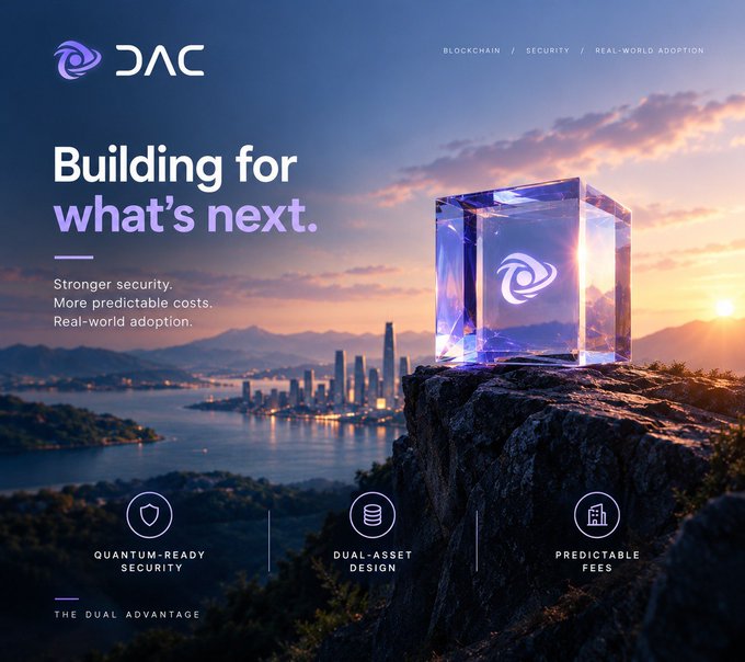 A DAC cryptocurrency marketing banner reading 'Building for what's next' with taglines about stronger security, predictable costs, and real-world adoption, featuring a glowing cube and icons for Quantum-Ready Security, Dual-Asset Design, and Predictable Fees.