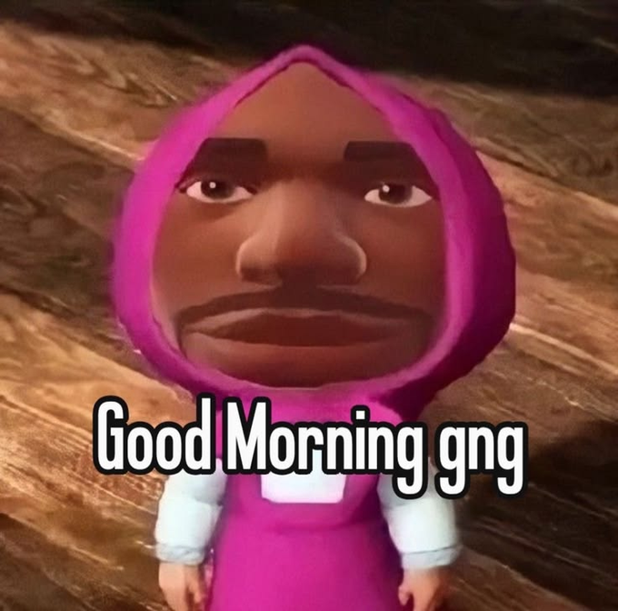 A meme featuring a cartoon character with a dark-skinned human face superimposed, wearing a pink hood and outfit, with the text 'Good Morning gng' overlaid on a wooden floor background.